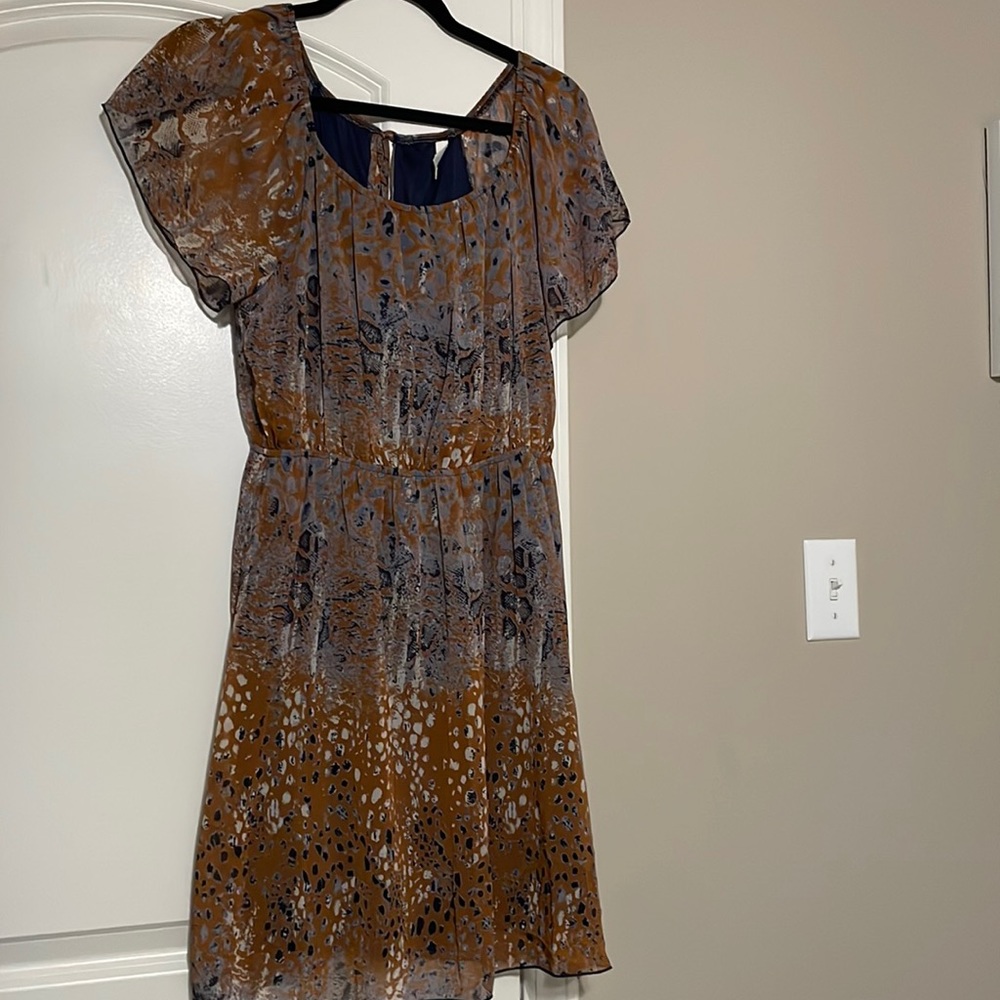 Camel brown & navy patterned dress